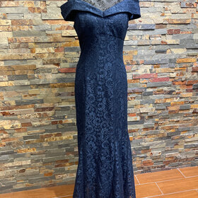 R & M Richards Navy Lace Off the Shoulder Gown, Size 10P