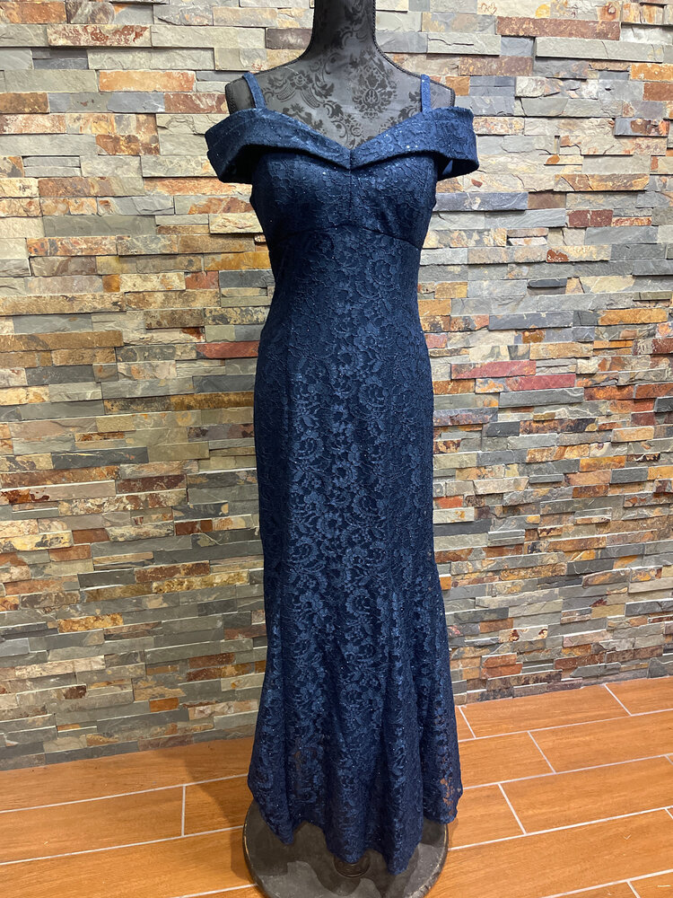 R & M Richards Navy Lace Off-Shoulder Trumpet Gown, Size 10P