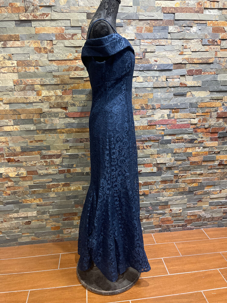 R & M Richards Navy Lace Off the Shoulder Gown, Size 10P