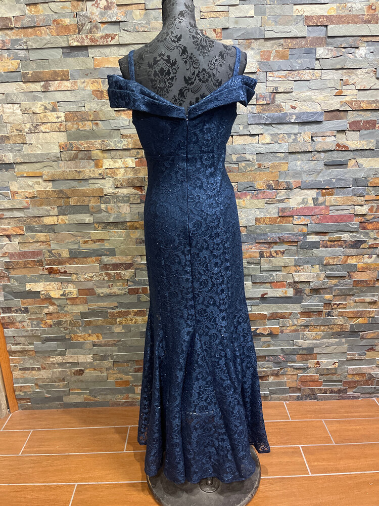 R & M Richards Navy Lace Off-Shoulder Trumpet Gown, Size 10P