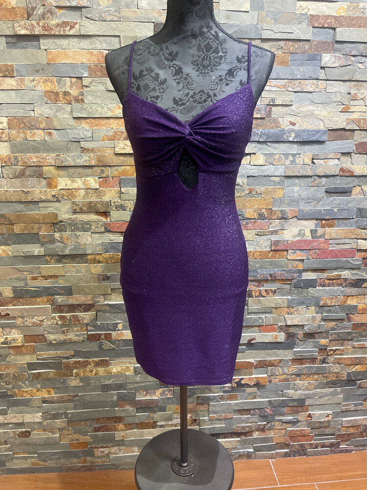 City Studio Purple Shimmer Stretch Dress with Keyhole Front, Size M