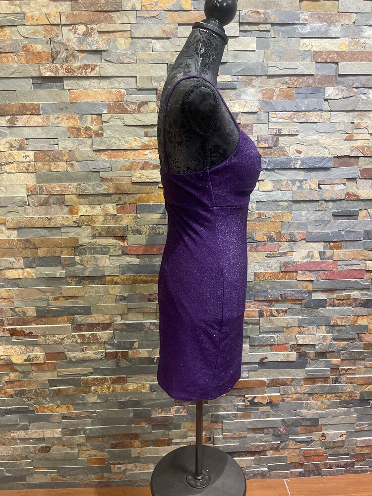 City Studio Purple Shimmer Stretch Dress with Keyhole Front, Size M