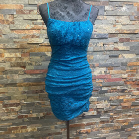 Emerald Sundae Teal Lace Ruched Bodycon Dress, Size S