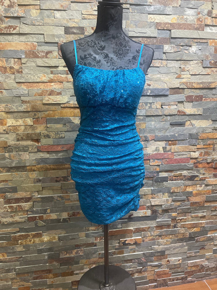 Emerald Sundae Teal Lace Ruched Bodycon Dress, Size S