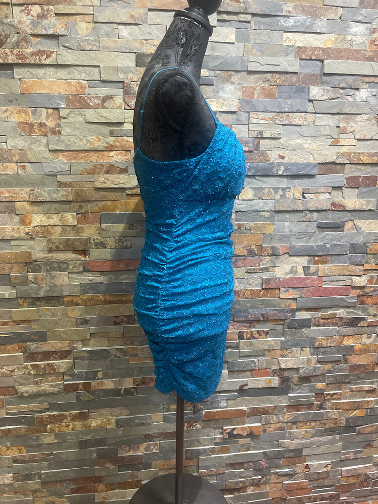 Emerald Sundae Teal Lace Ruched Bodycon Dress, Size S