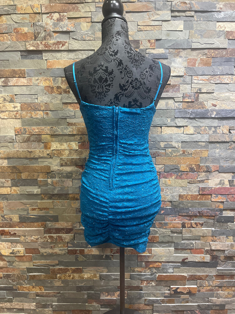 Emerald Sundae Teal Lace Ruched Bodycon Dress, Size S