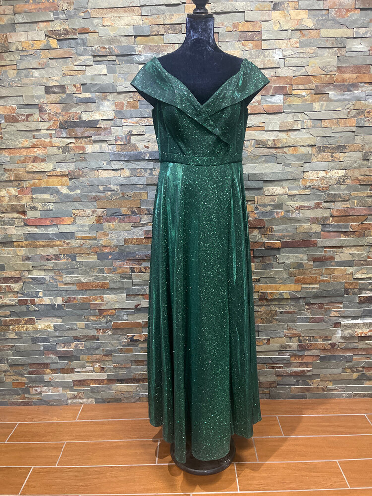 Xscape Emerald Green Shimmer Portrait Collar Gown, Size 16