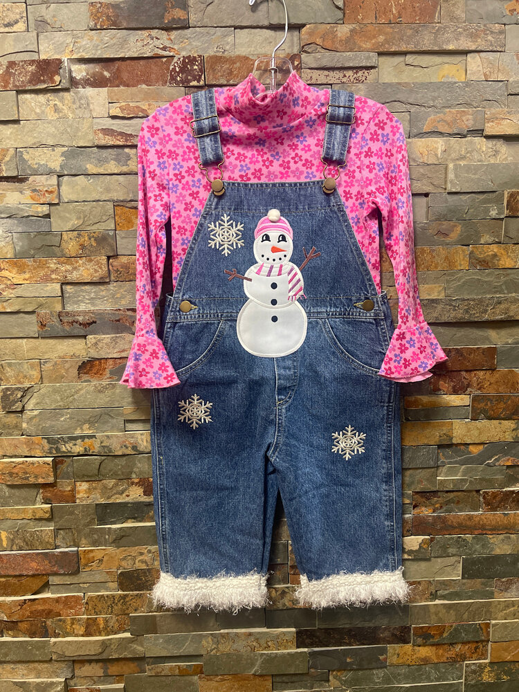 Denim Bibs with Snowman/Chill Out with Floral Top, Size 4