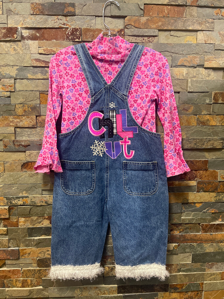 Denim Bibs with Snowman/Chill Out with Floral Top, Size 4