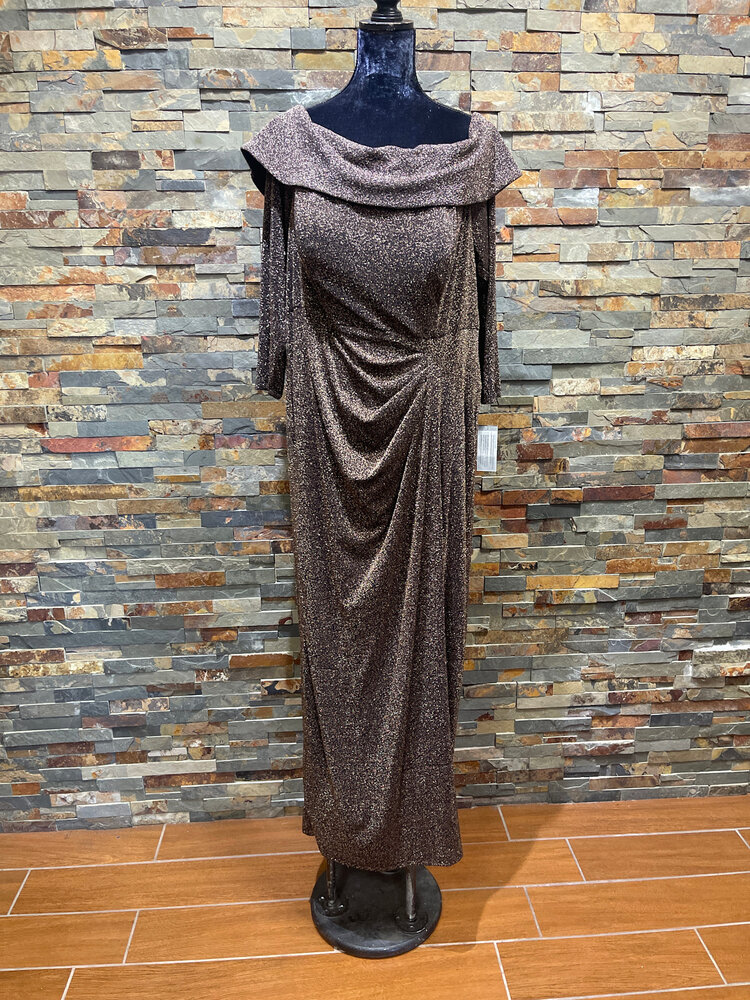 Alex Evenings Black with Copper Shimmer Off the Shoulder Ruched Gown, Size 20W