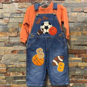 Denim Sports Bib Overalls with Orange Tee, Size 18M