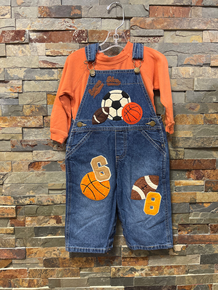 Denim Sports Bib Overalls with Orange Tee, Size 18M
