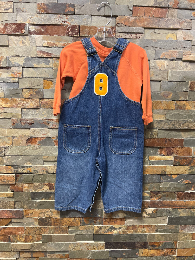 Denim Sports Bib Overalls with Orange Tee, Size 18M
