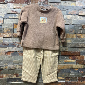 Caramel Bear Top with Checkered Flannel Pants, Size 18M