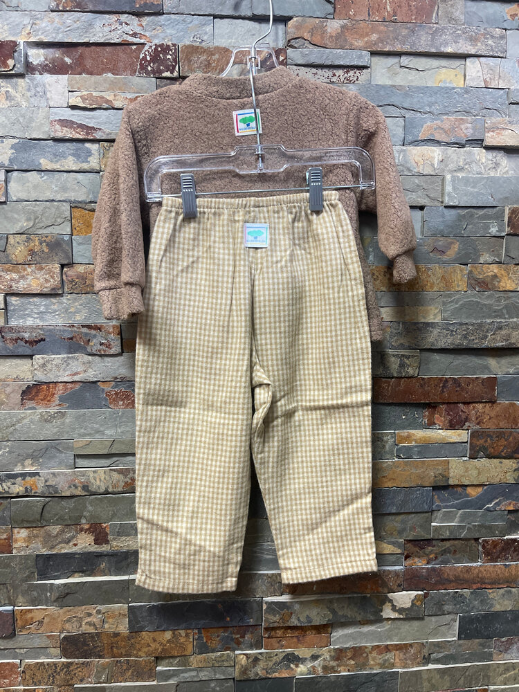 Caramel Bear Top with Checkered Flannel Pants, Size 18M