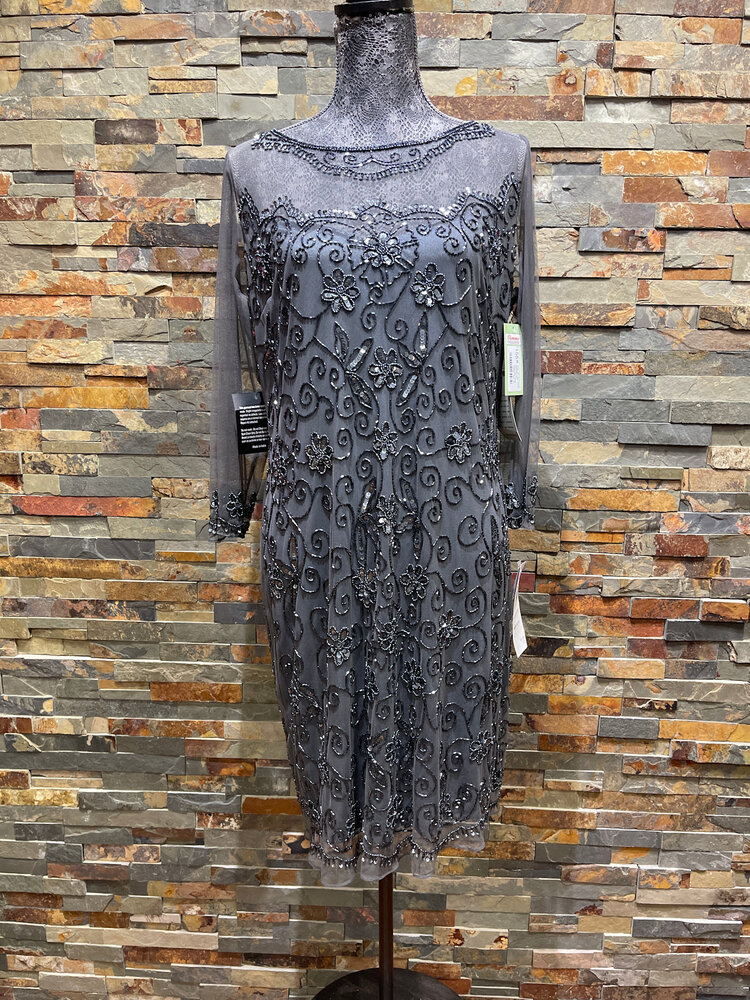 Pisarro Nights Gray with Gun Metal Beading and Sequined Floral Design, Size 12