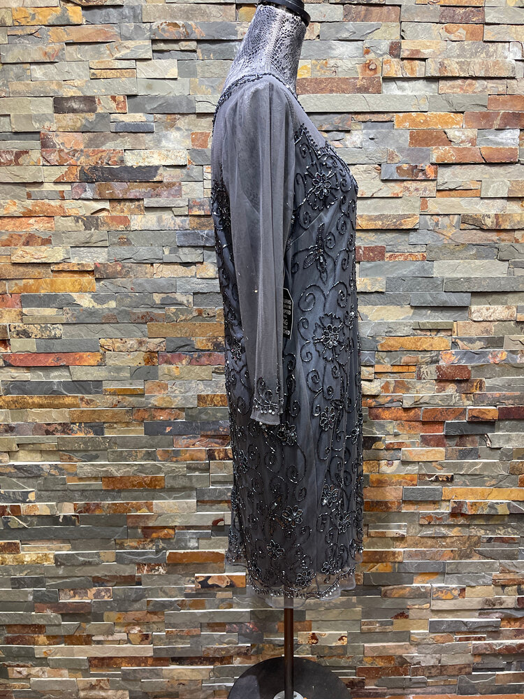 Pisarro Nights Gray with Gun Metal Beading and Sequined Floral Design, Size 12