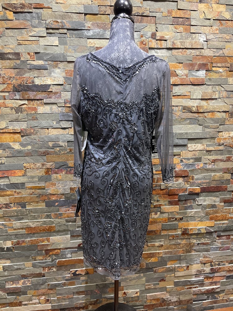 Pisarro Nights Gray with Gun Metal Beading and Sequined Floral Design, Size 12