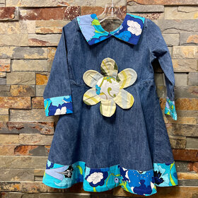 Denim Blue Dress with Floral Print Trim, Size 12M