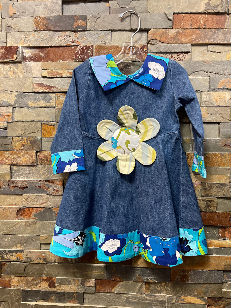 Denim Blue Dress with Floral Print Trim, Size 12M