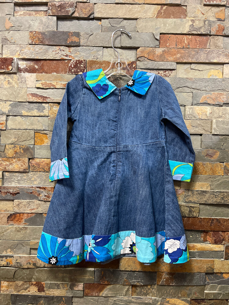 Denim Blue Dress with Floral Print Trim, Size 12M