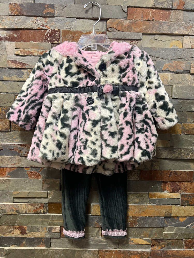 Gray Pants, Pink Top and Animal Print Coat Set, Size 12M