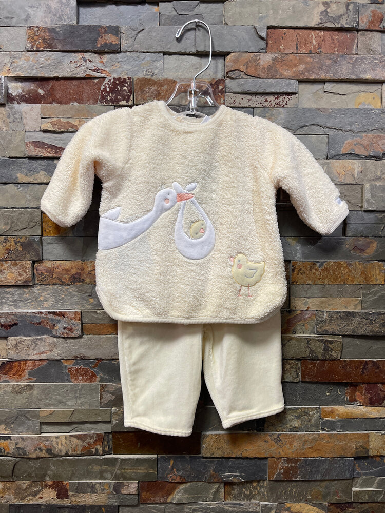 Baby Yellow Fuzzy Pantset with Stork & Chicks, Size 0-3M