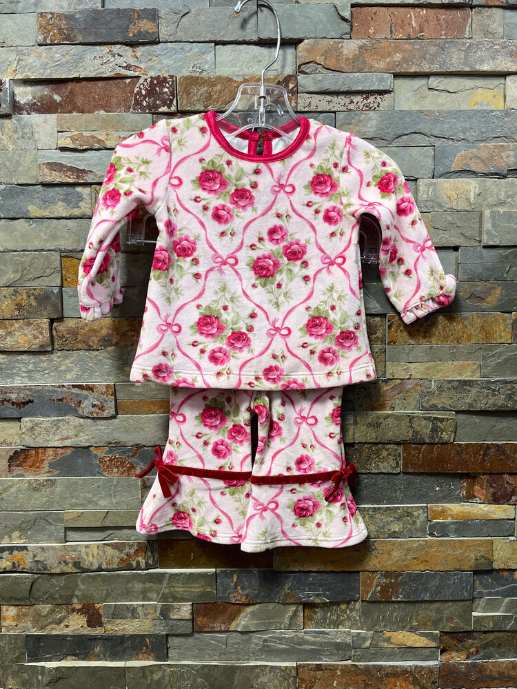 Pink Velvet with Rose Print Pantset, Size 6M