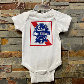 White Blue Ribbon Baby Onesie, Size 6M