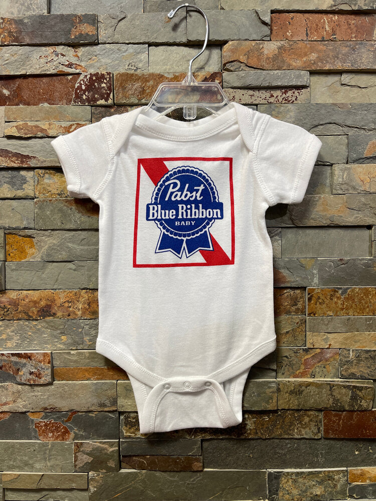 White Blue Ribbon Baby Onesie, Size 6M