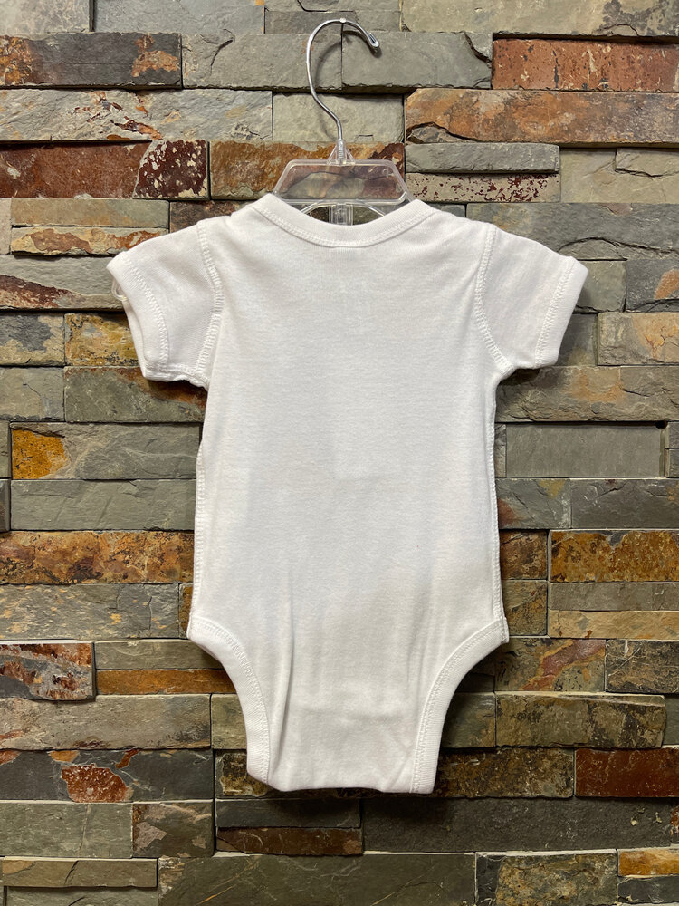 White Blue Ribbon Baby Onesie, Size 6M