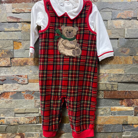 Red Plaid Teddy Bear Jumper with White Top, Size 3-6M