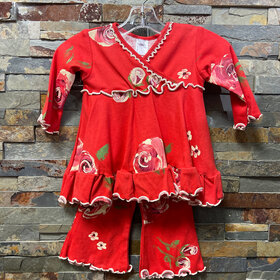 Red Pant Set with Handpainted Flowers, Size 6/12M