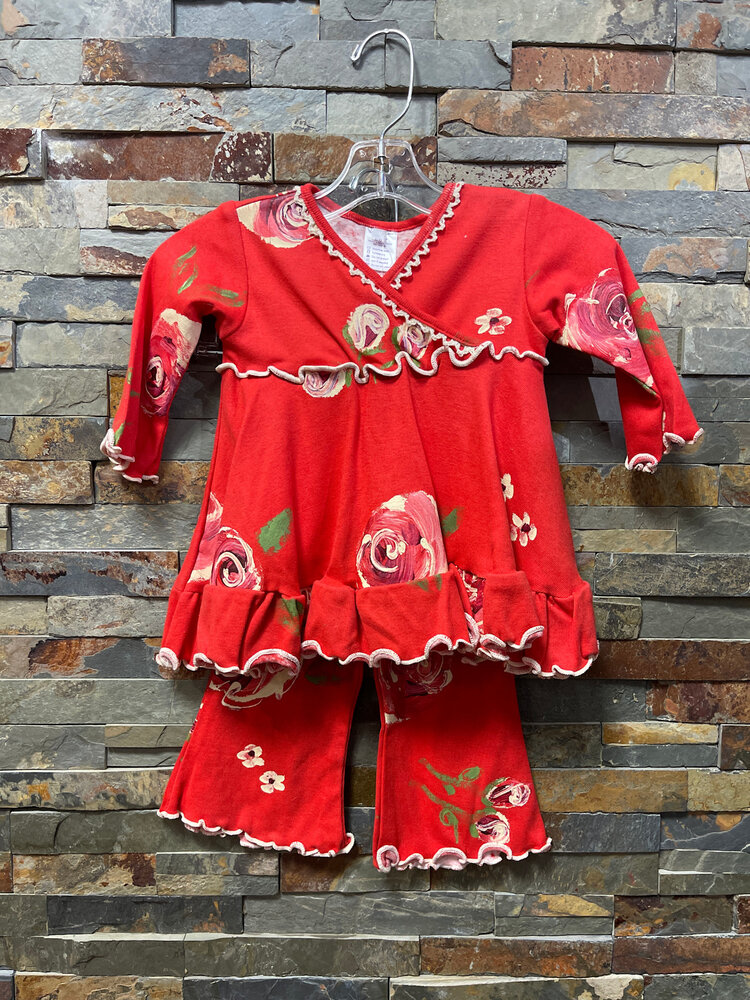 Red Pant Set with Handpainted Flowers, Size 6/12M
