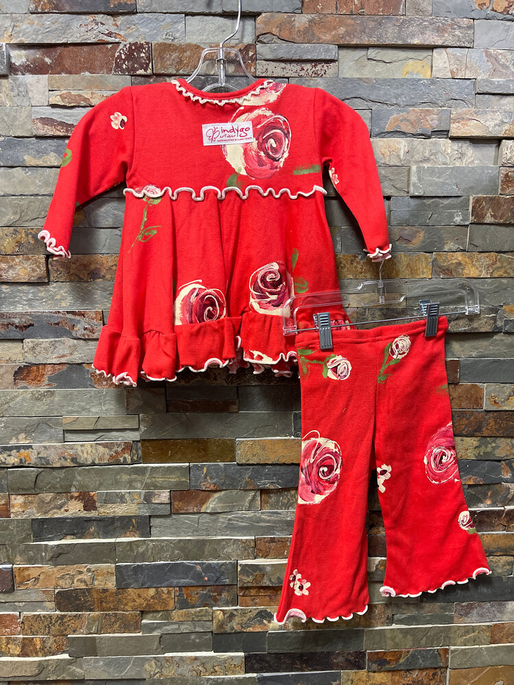 Red Pant Set with Handpainted Flowers, Size 6/12M
