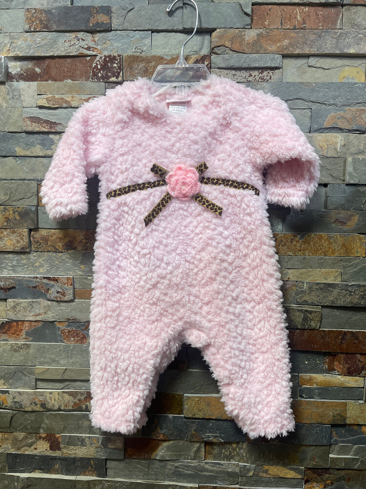 Pink Fuzzy Jumpsuit w/ Animal Print Trim, Size 6M