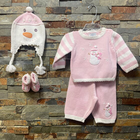 Pastel Pink Knit Sweater, Pants, Booties and Hat with Snowman Design, Size 6M