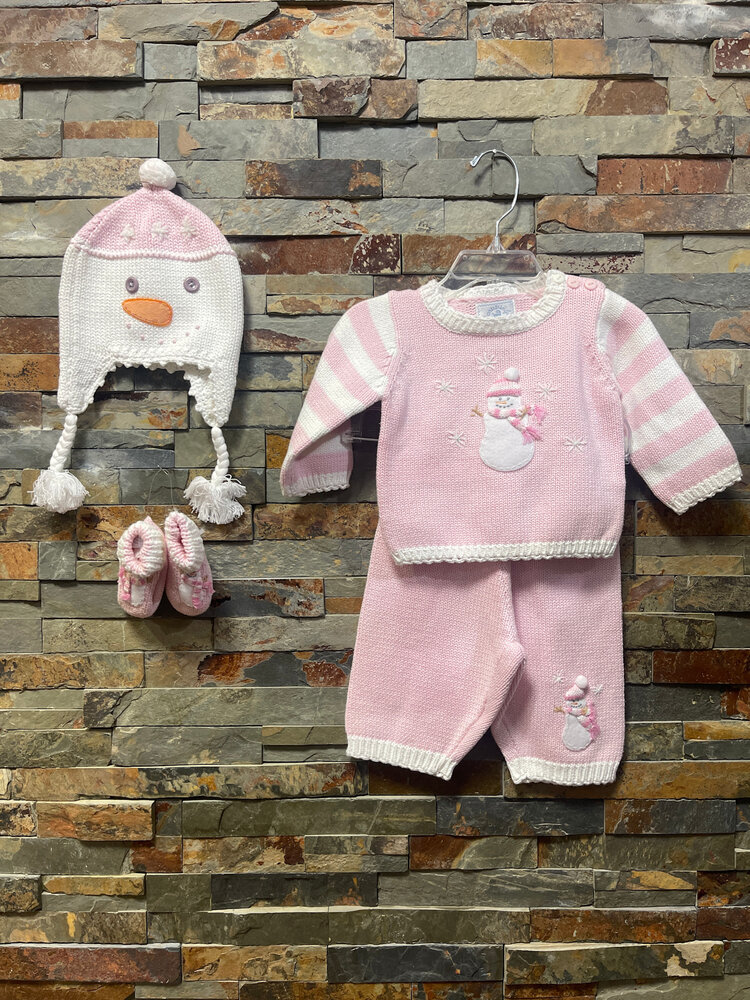 Pastel Pink Knit Sweater, Pants, Booties and Hat with Snowman Design, Size 6M