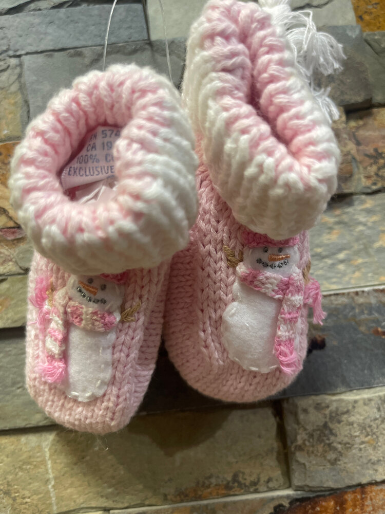 Pastel Pink Knit Sweater, Pants, Booties and Hat with Snowman Design, Size 6M