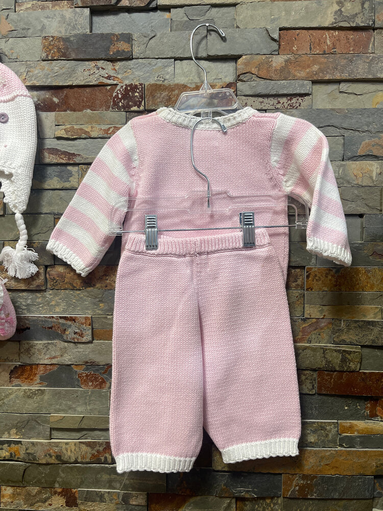 Pastel Pink Knit Sweater, Pants, Booties and Hat with Snowman Design, Size 6M