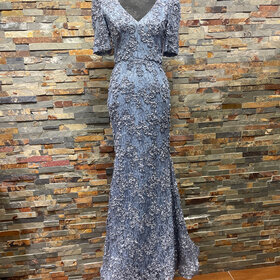 Xscape Slate Blue Shortsleeve Lace with Floral Gown, Size 4
