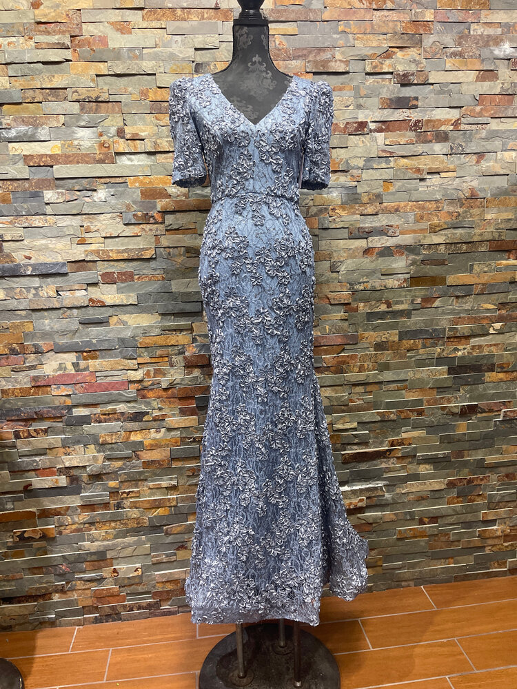 Xscape Slate Blue Shortsleeve Lace with Floral Gown, Size 4