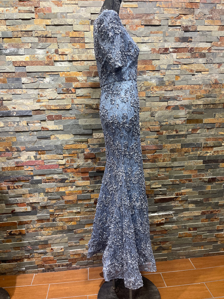 Xscape Slate Blue Shortsleeve Lace with Floral Gown, Size 4