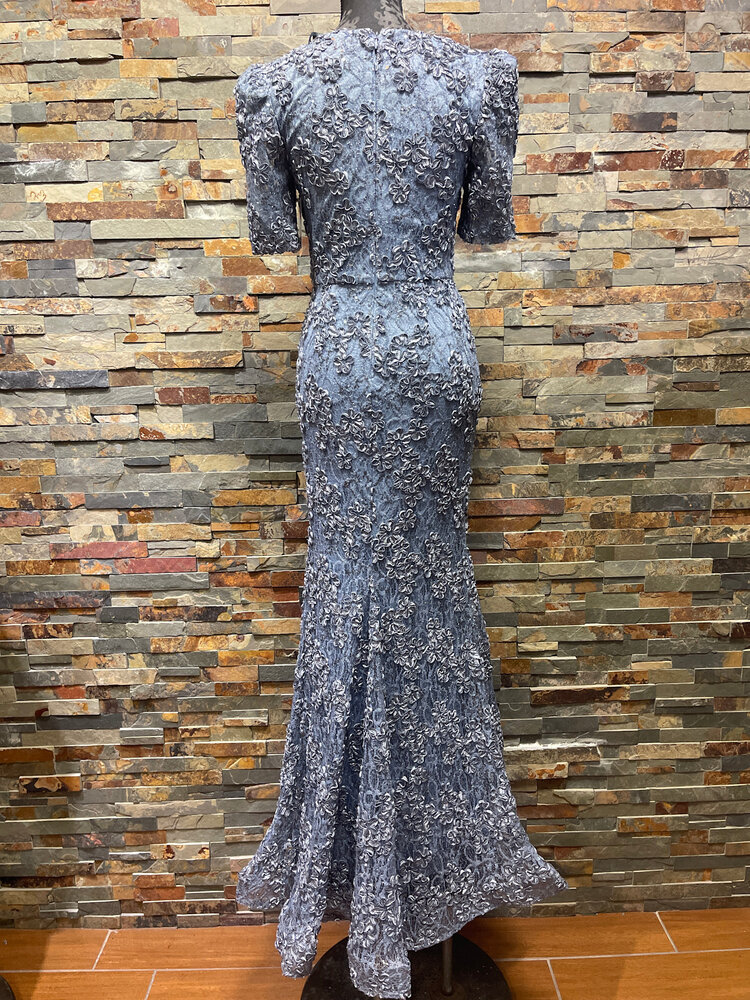 Xscape Slate Blue Shortsleeve Lace with Floral Gown, Size 4