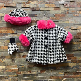 Black & White Houndstooth Coat, Mittens and Hat with Pink Faux Fur Trim, Size 18M