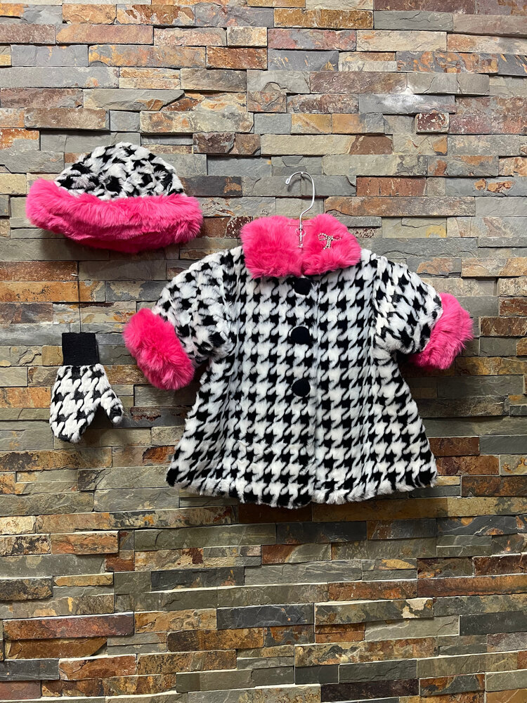 Black & White Houndstooth Coat, Mittens and Hat with Pink Faux Fur Trim, Size 18M