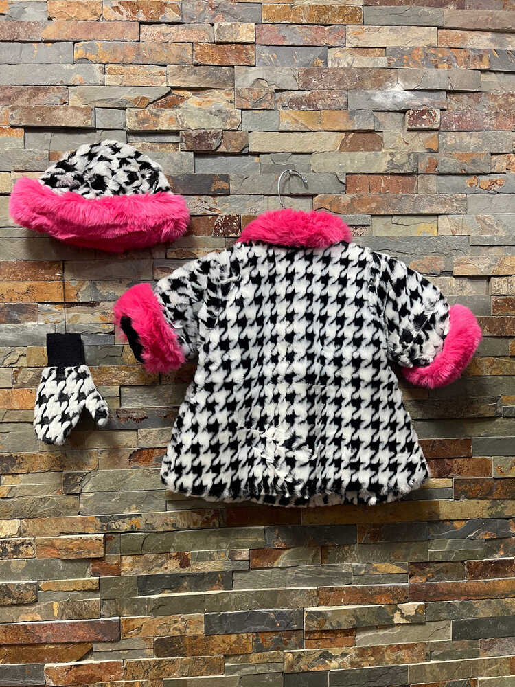 Black & White Houndstooth Coat, Mittens and Hat with Pink Faux Fur Trim, Size 18M
