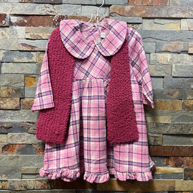 Pink Flannel Plaid Dress with Scarf, Size 12M