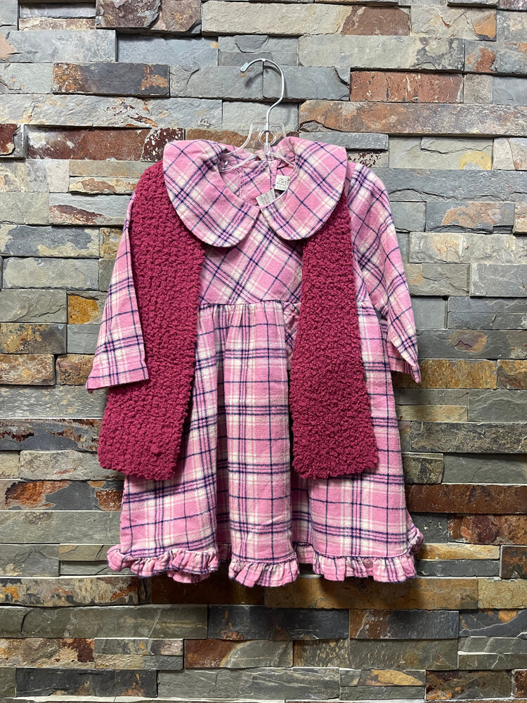 Pink Flannel Plaid Dress with Scarf, Size 12M