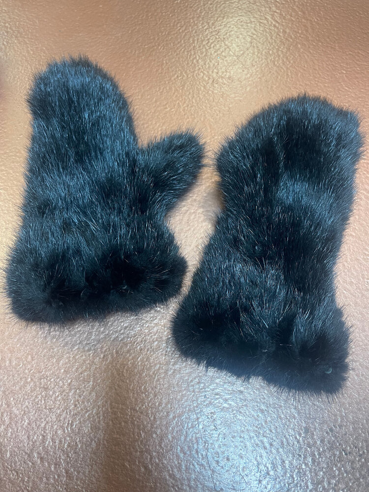 Black Knitted Mink Mittens, O/S
